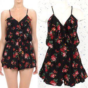 Floral Print Ruffled Romper Black